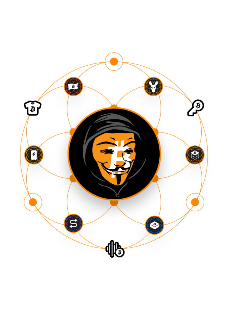 Satoshi wearing a Guy Fawkes mask in a node with bitcoin businesses as node pointes